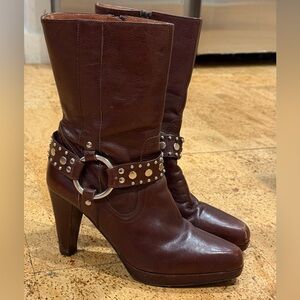 Grigiarancio Calzaturifico Dark Brown Heeled Moto Boots with Studded Strap Sz 9